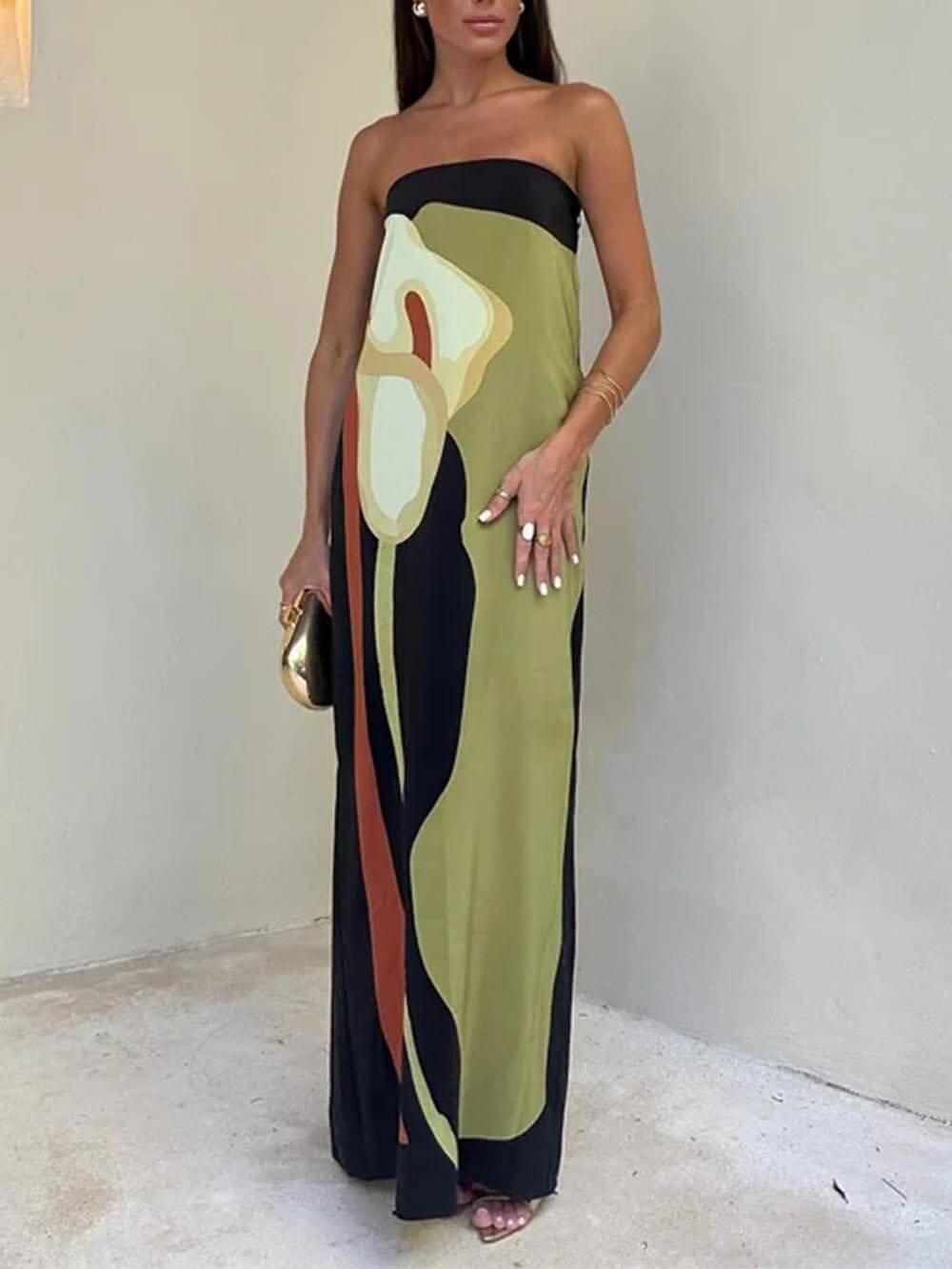 Karla | Vestido largo estampado con hombros descubiertos
