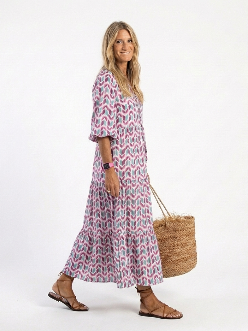 Nadia | Vestido midi de manga larga con capas y estampado geométrico