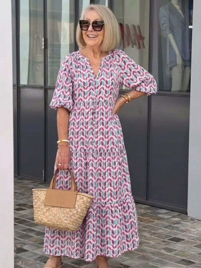 Nadia | Vestido midi de manga larga con capas y estampado geométrico