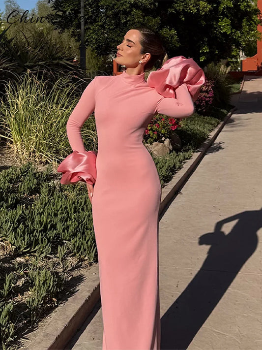 Mónica | Vestido largo de cuello alto con mangas abullonadas
