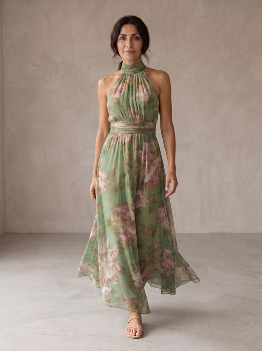 Lidia | Vestido maxi elegante con cuello halter y estampado floral