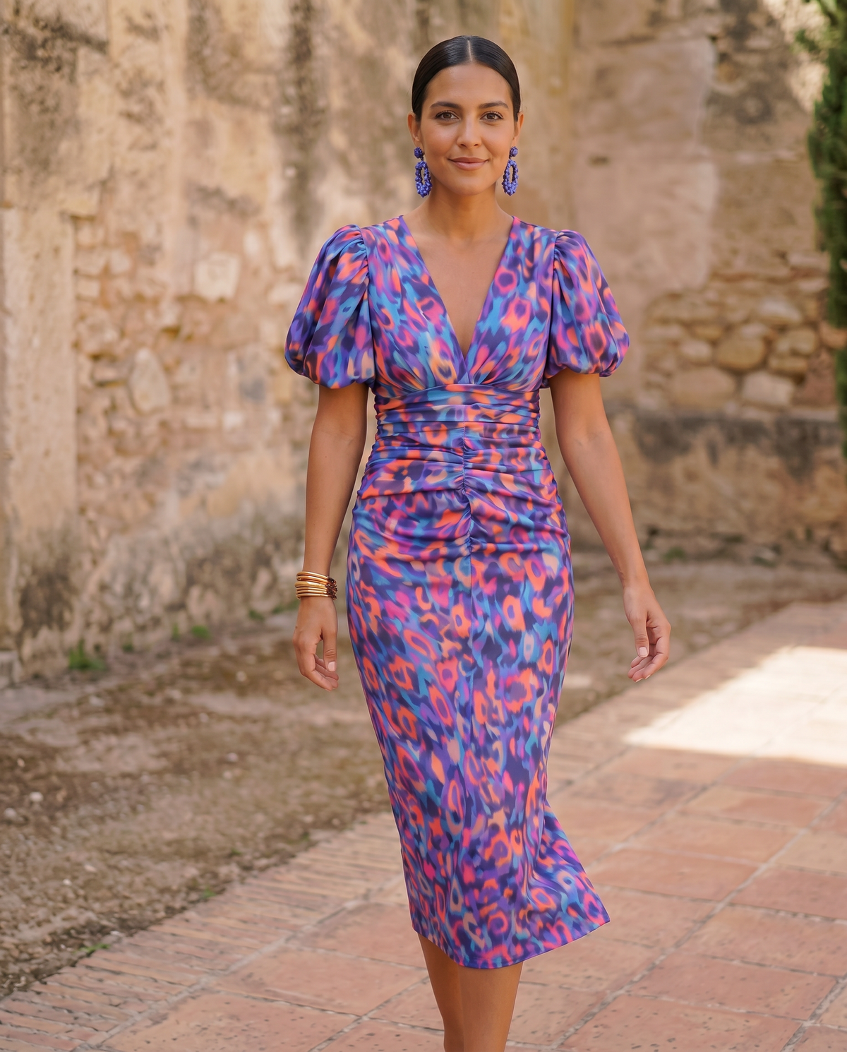 Carla | Vestido midi floral con mangas abullonadas