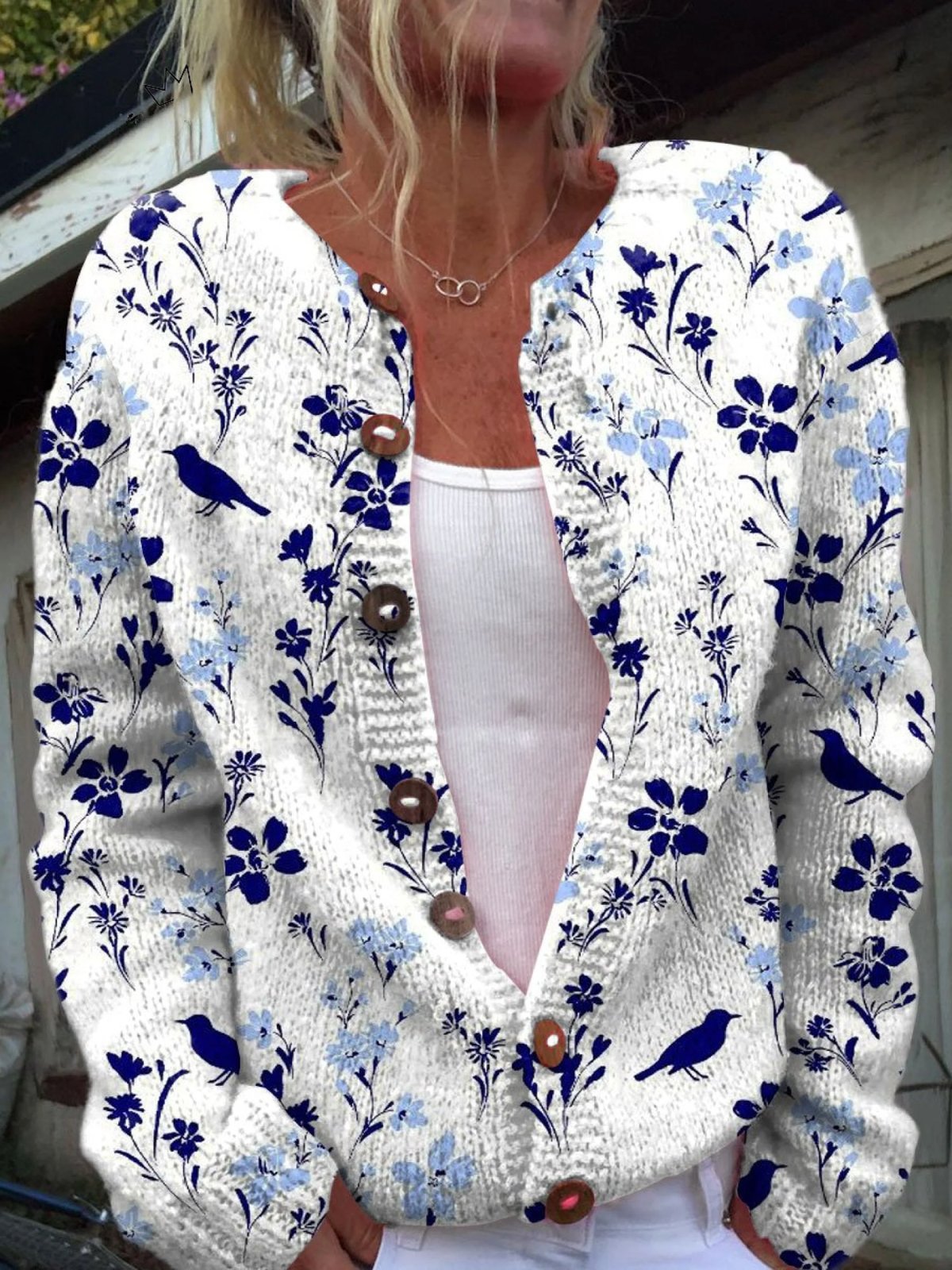 Nella | Cárdigan vintage estampado con flores y pájaros, con botones delanteros