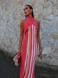 Mila | Vestido largo halter de lino a rayas