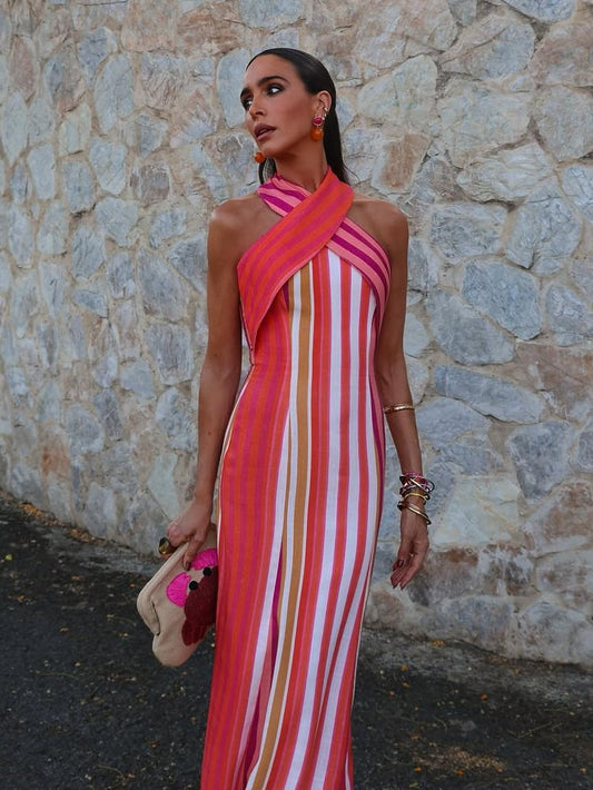 Mila | Vestido largo halter de lino a rayas