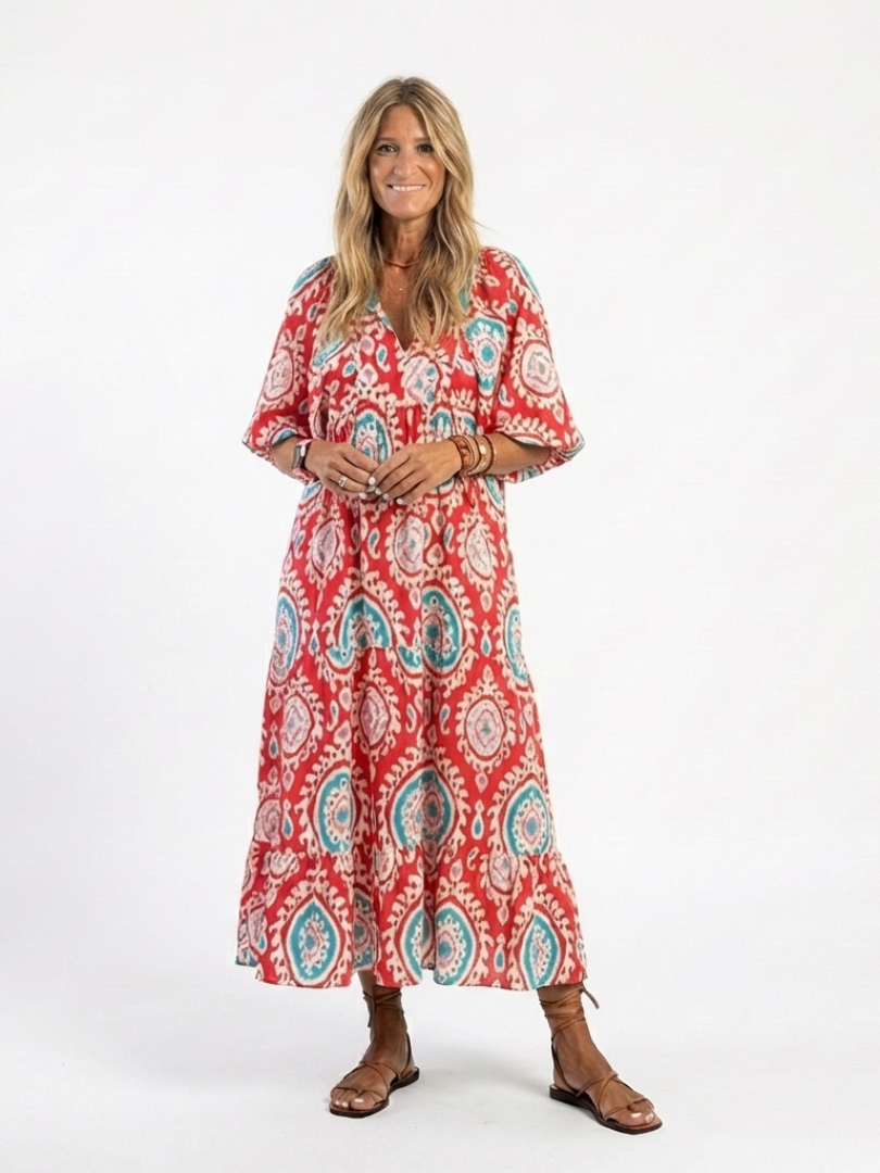 Zoe | Vestido midi de manga corta con cuello en v y estampado paisley