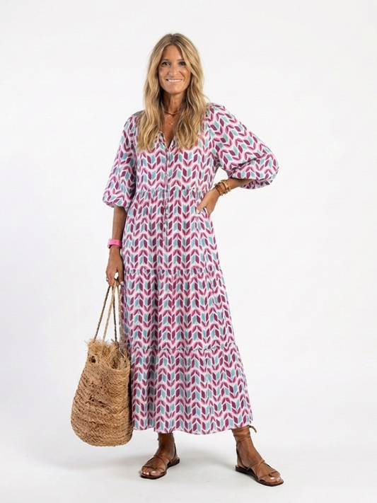 Nadia | Vestido midi de manga larga con capas y estampado geométrico