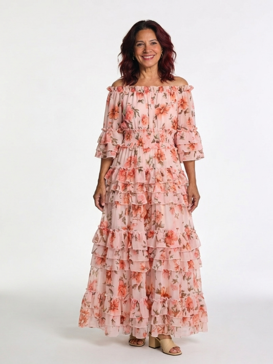 Rosalia | Vestido largo con volantes florales y hombros descubiertos