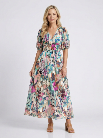 Eulalia | Vestido midi de manga corta con escote en v y fruncido en la cintura