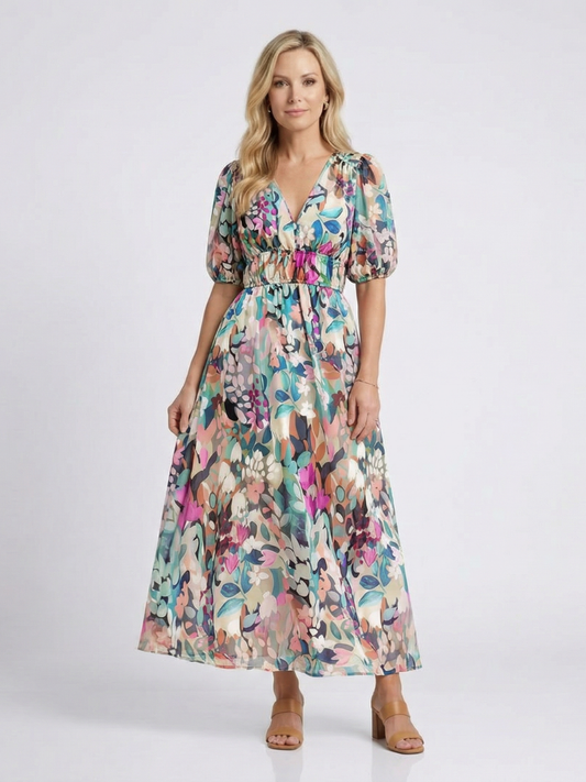 Eulalia | Vestido midi de manga corta con escote en v y fruncido en la cintura