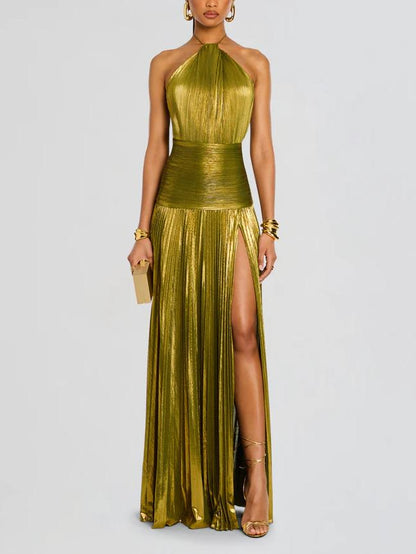 Thalía | Vestido largo metálico halter con espalda abierta