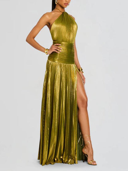 Thalía | Vestido largo metálico halter con espalda abierta