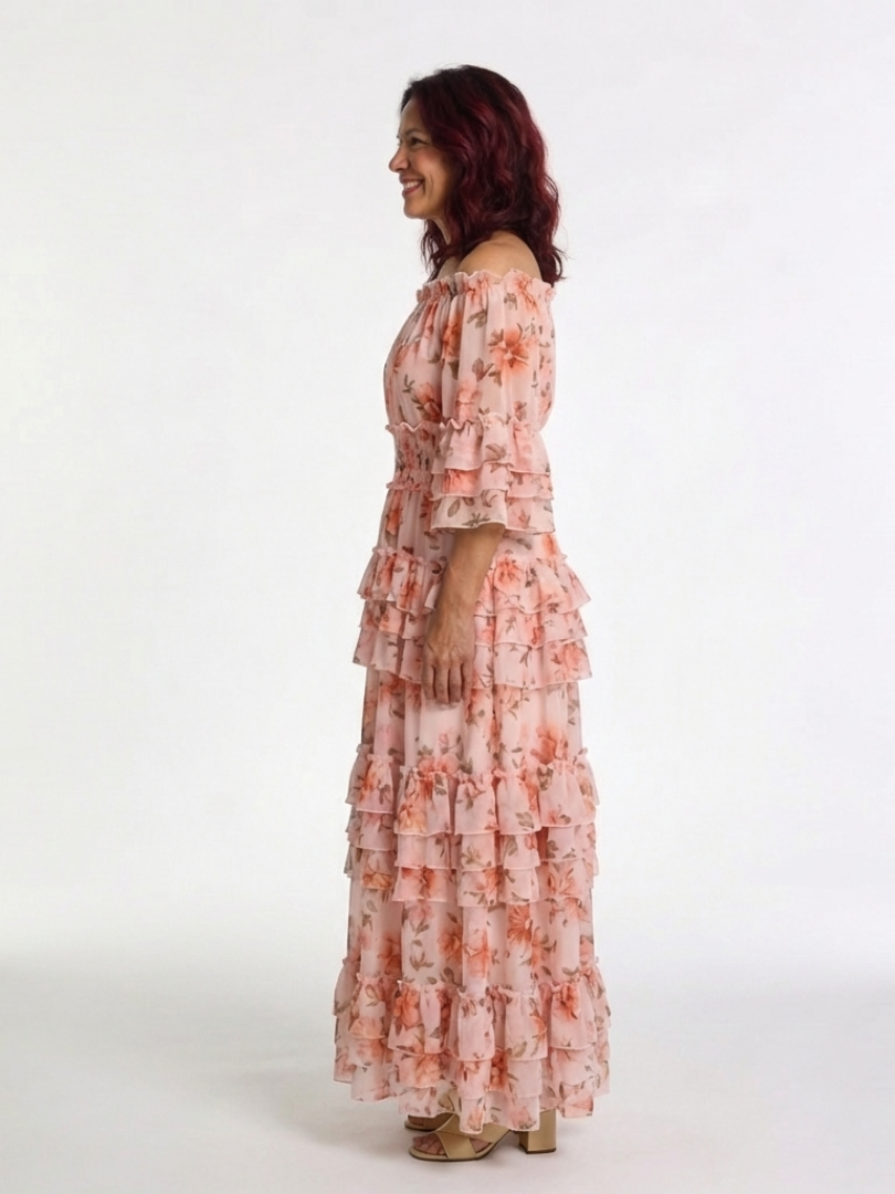 Rosalia | Vestido largo con volantes florales y hombros descubiertos