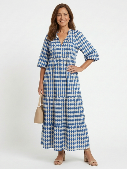 Melody | Vestido midi escalonado con estampado de rombos