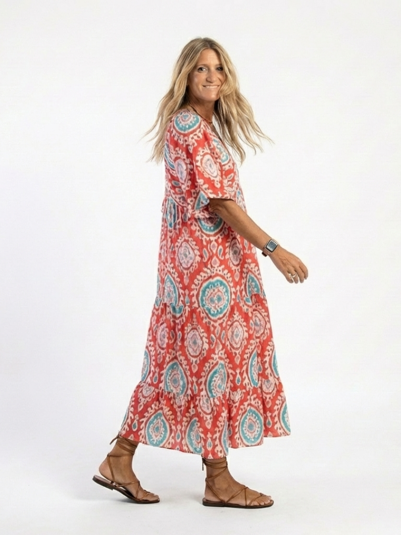 Zoe | Vestido midi de manga corta con cuello en v y estampado paisley