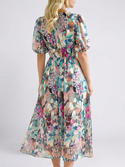Eulalia | Vestido midi de manga corta con escote en v y fruncido en la cintura