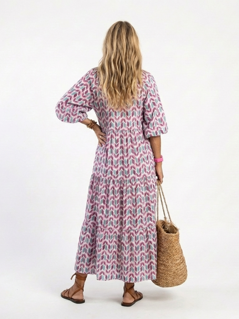 Nadia | Vestido midi de manga larga con capas y estampado geométrico
