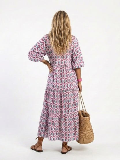 Nadia | Vestido midi de manga larga con capas y estampado geométrico
