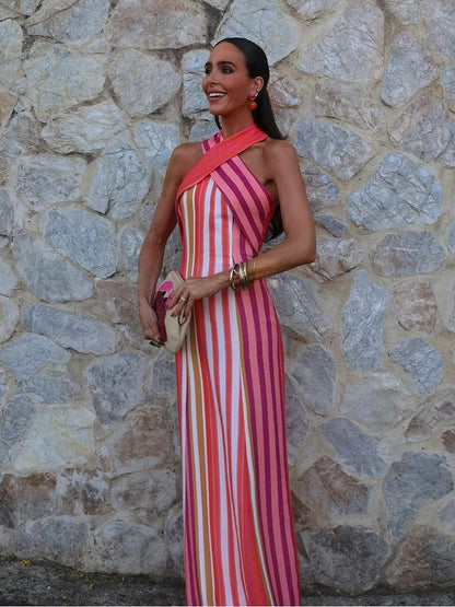 Mila | Vestido largo halter de lino a rayas