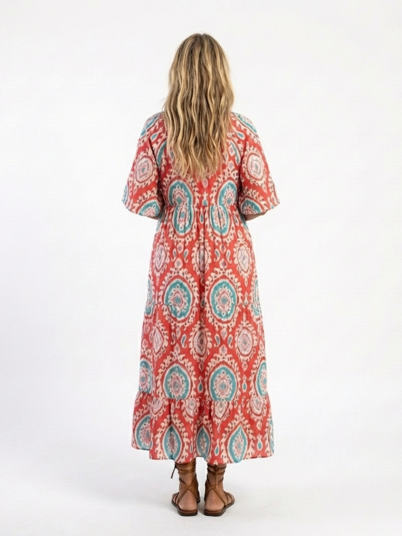 Zoe | Vestido midi de manga corta con cuello en v y estampado paisley