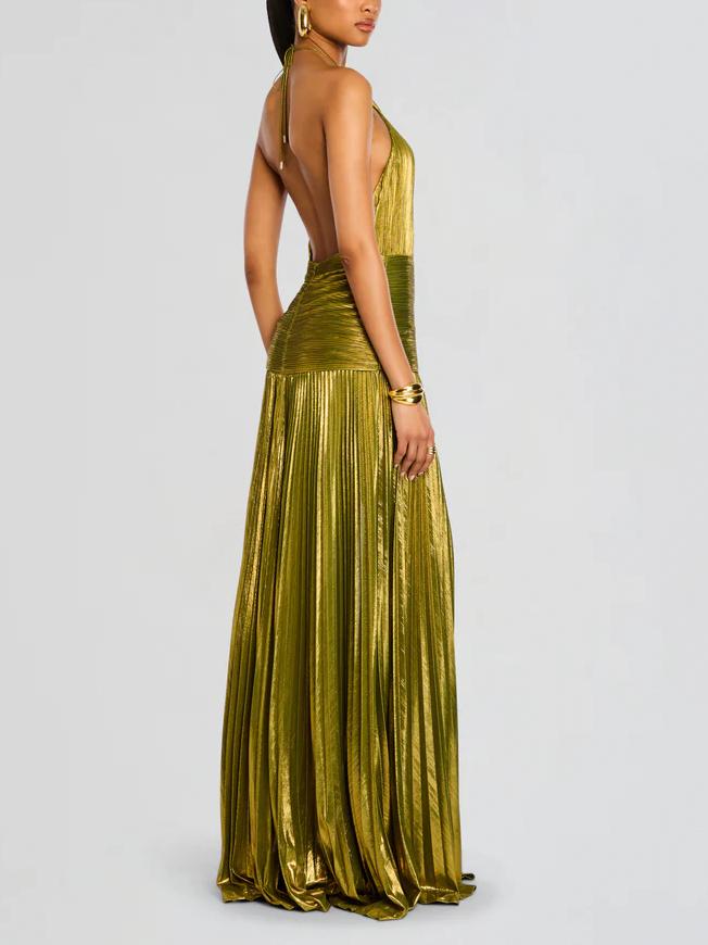Thalía | Vestido largo metálico halter con espalda abierta