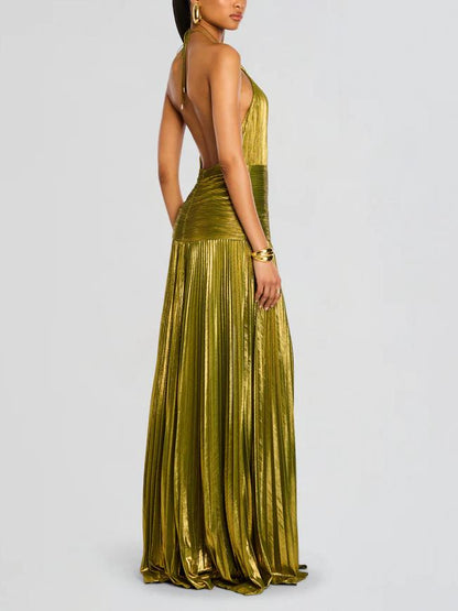 Thalía | Vestido largo metálico halter con espalda abierta