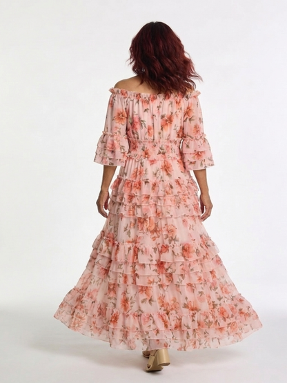 Rosalia | Vestido largo con volantes florales y hombros descubiertos