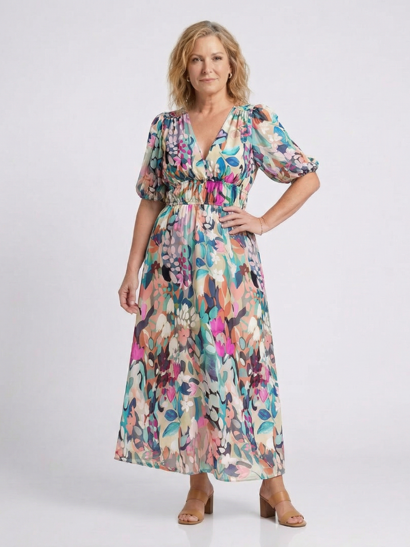 Eulalia | Vestido midi de manga corta con escote en v y fruncido en la cintura