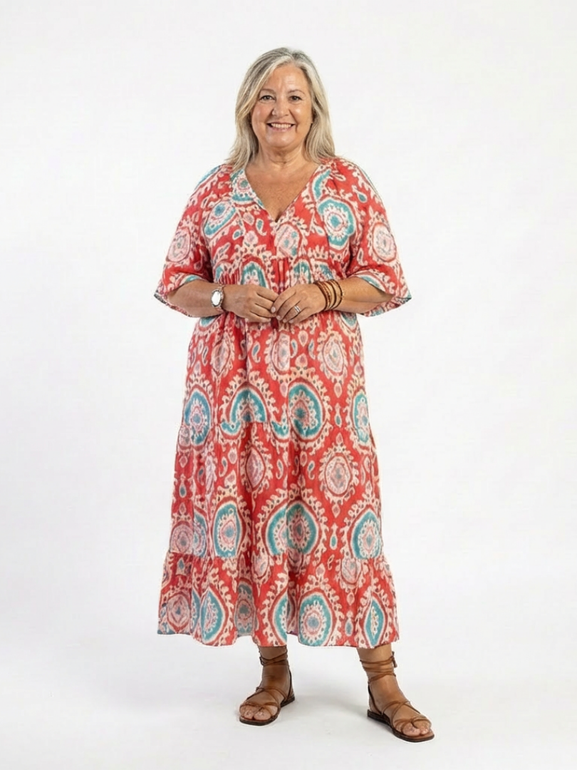 Zoe | Vestido midi de manga corta con cuello en v y estampado paisley