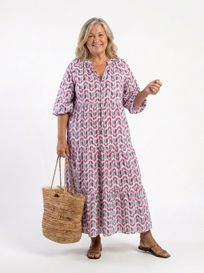 Nadia | Vestido midi de manga larga con capas y estampado geométrico