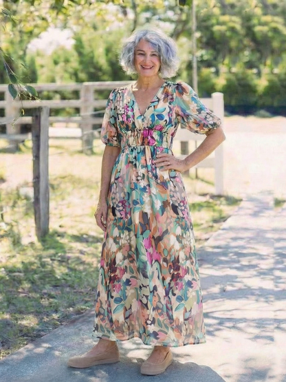 Eulalia | Vestido midi de manga corta con escote en v y fruncido en la cintura