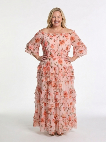 Rosalia | Vestido largo con volantes florales y hombros descubiertos