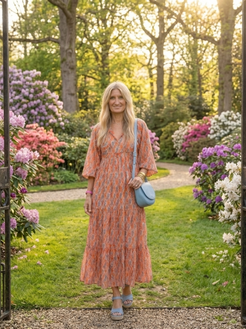 Chiara | Vestido midi estampado geométrico con cuello en v y capas