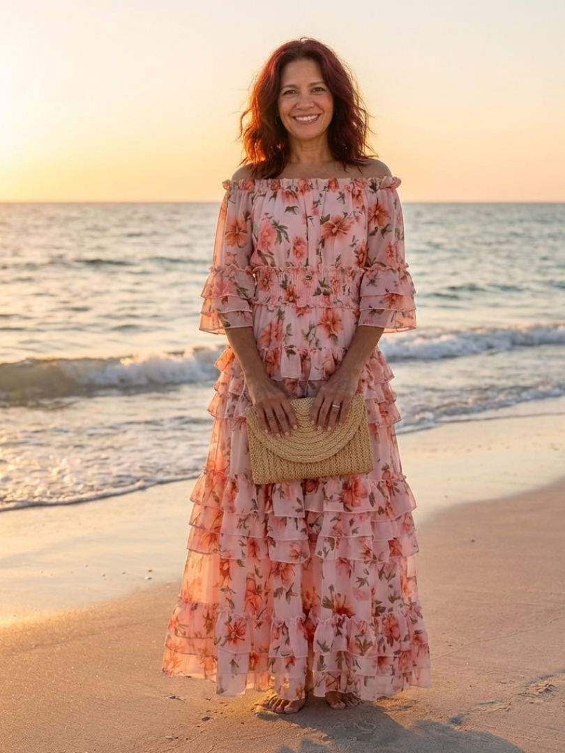 Rosalia | Vestido largo con volantes florales y hombros descubiertos
