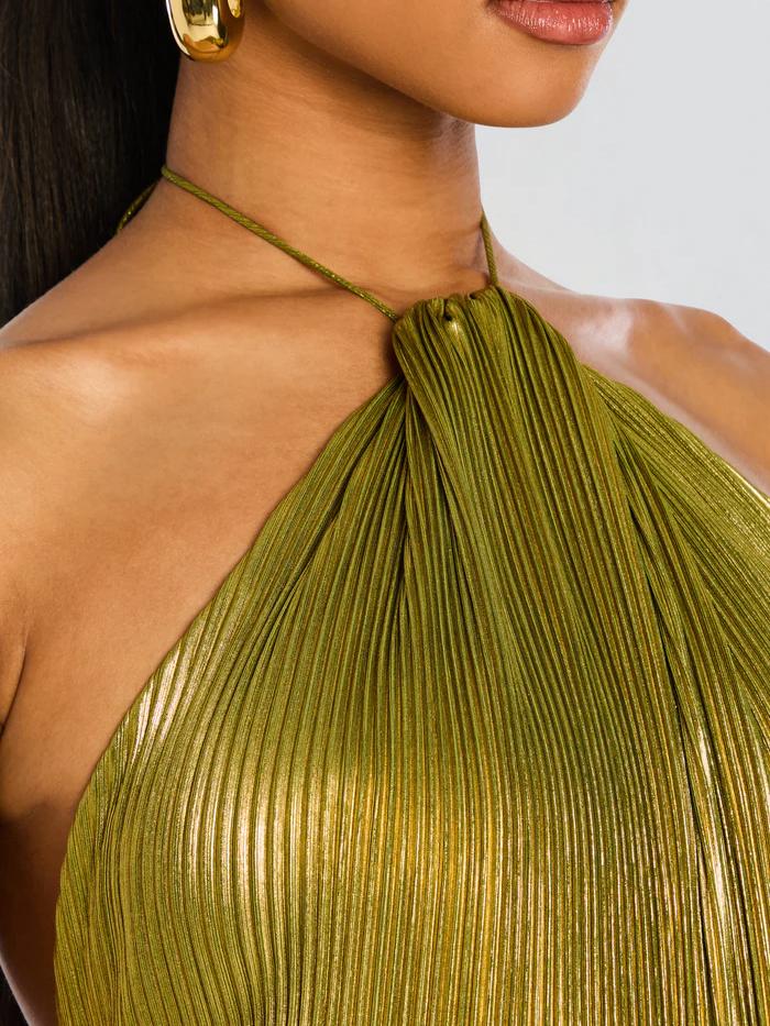 Thalía | Vestido largo metálico halter con espalda abierta