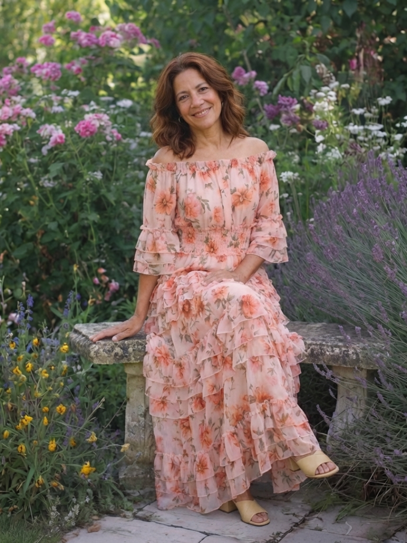 Rosalia | Vestido largo con volantes florales y hombros descubiertos
