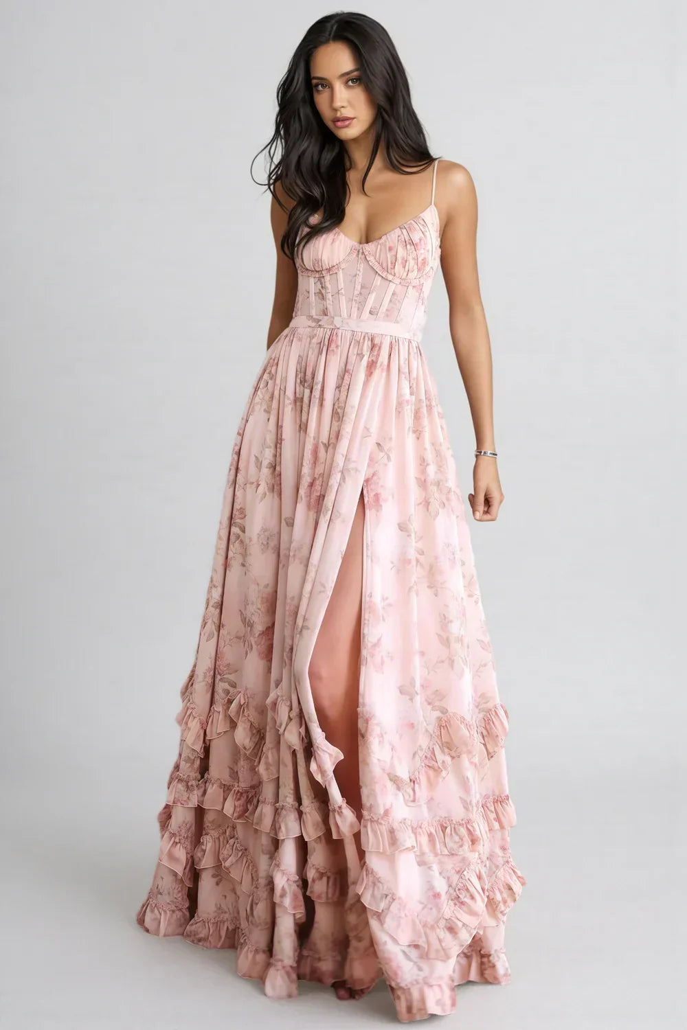 Cesira | Vestido largo con volantes y abertura
