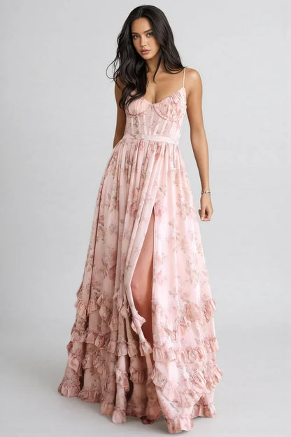 Cesira | Vestido largo con volantes y abertura