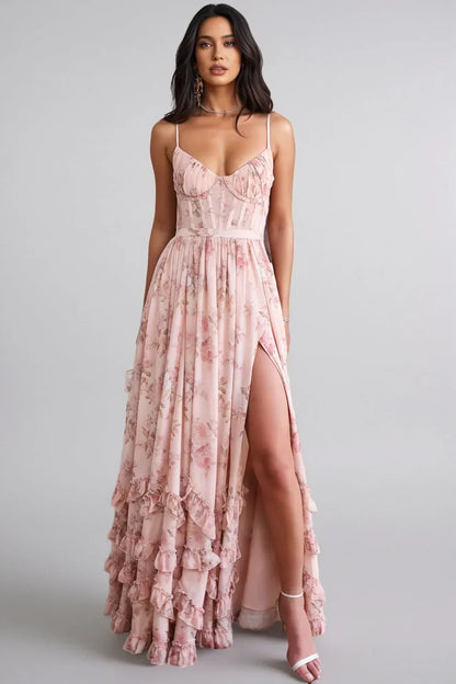 Cesira | Vestido largo con volantes y abertura