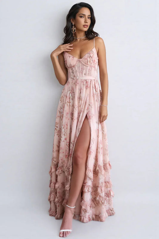 Cesira | Vestido largo con volantes y abertura