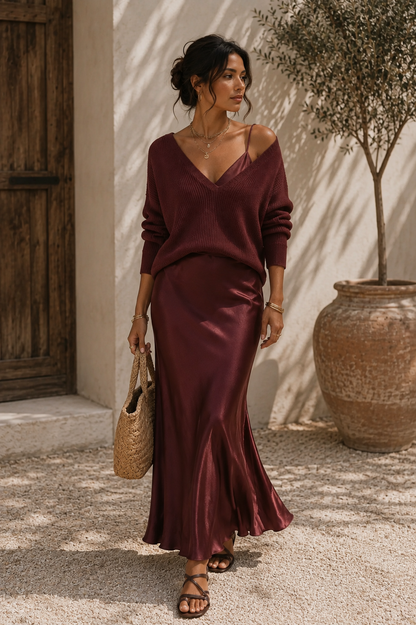 Alma | Vestido elegante de satén con suéter