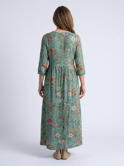 Marina | Vestido largo con estampado floral, cuello en v y mangas tres cuartos
