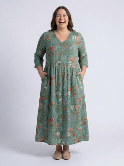 Marina | Vestido largo con estampado floral, cuello en v y mangas tres cuartos
