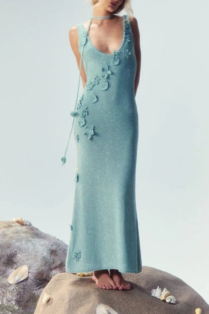 Lorena | Vestido midi sirena con flores de crochet