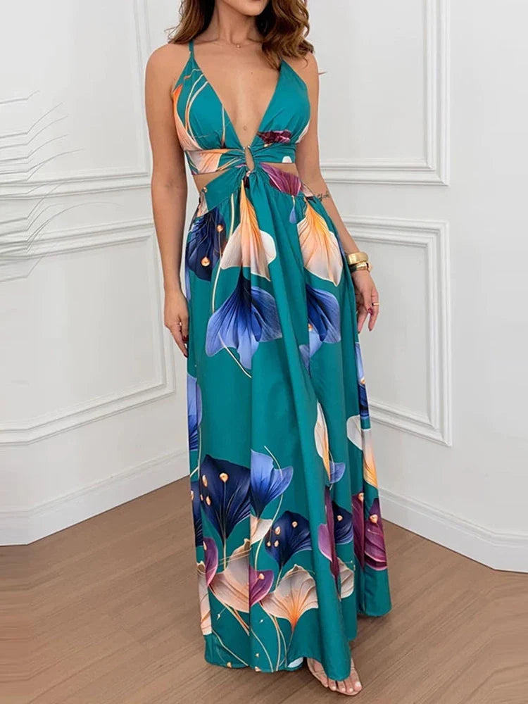 Jazmín | Vestido largo estampado con tirantes y abertura