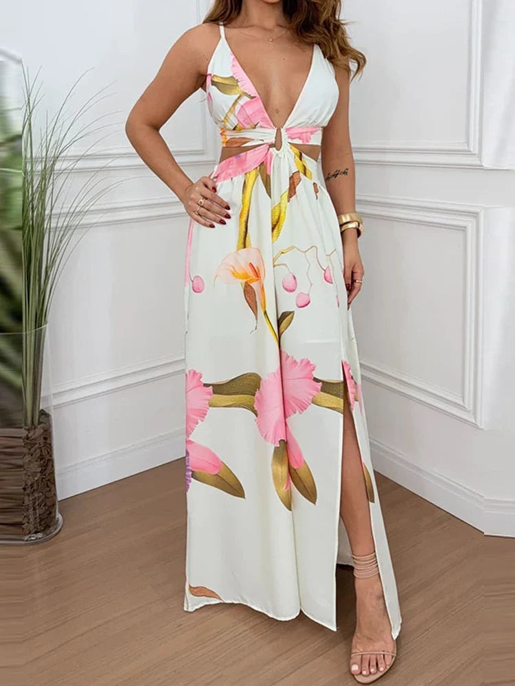 Jazmín | Vestido largo estampado con tirantes y abertura