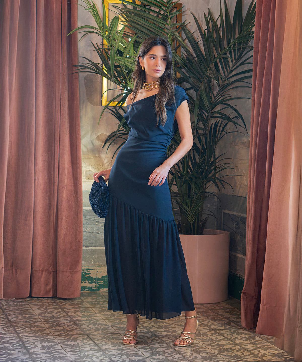 Teresina | Vestido midi asimétrico azul marino