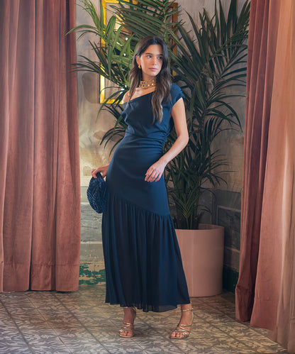 Teresina | Vestido midi asimétrico azul marino