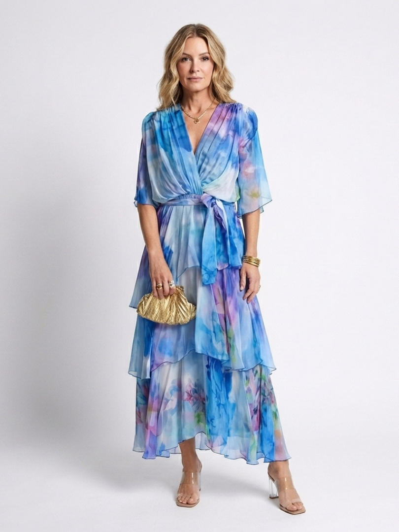 Iris | Vestido largo con cuello en v, capas transparentes y cinturilla atada