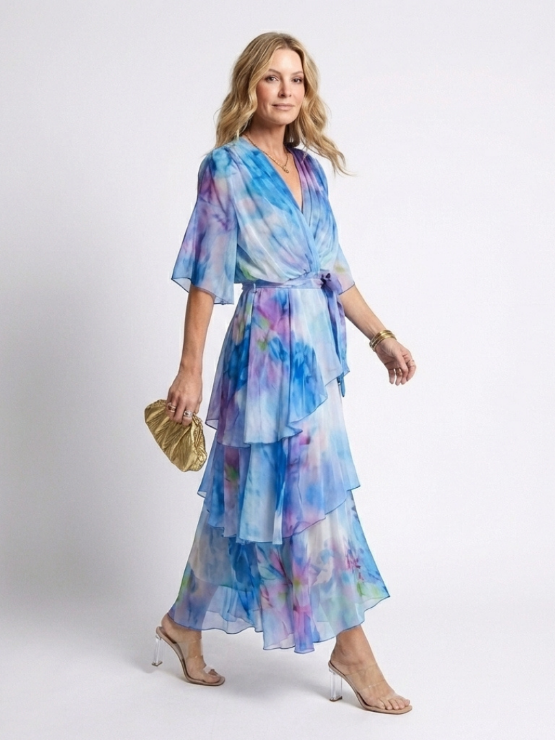 Iris | Vestido largo con cuello en v, capas transparentes y cinturilla atada
